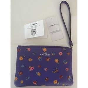 Coach Corner Zip Mini Vintage Rose Print Wristlet Pouch - SV/Sport Purple Multi